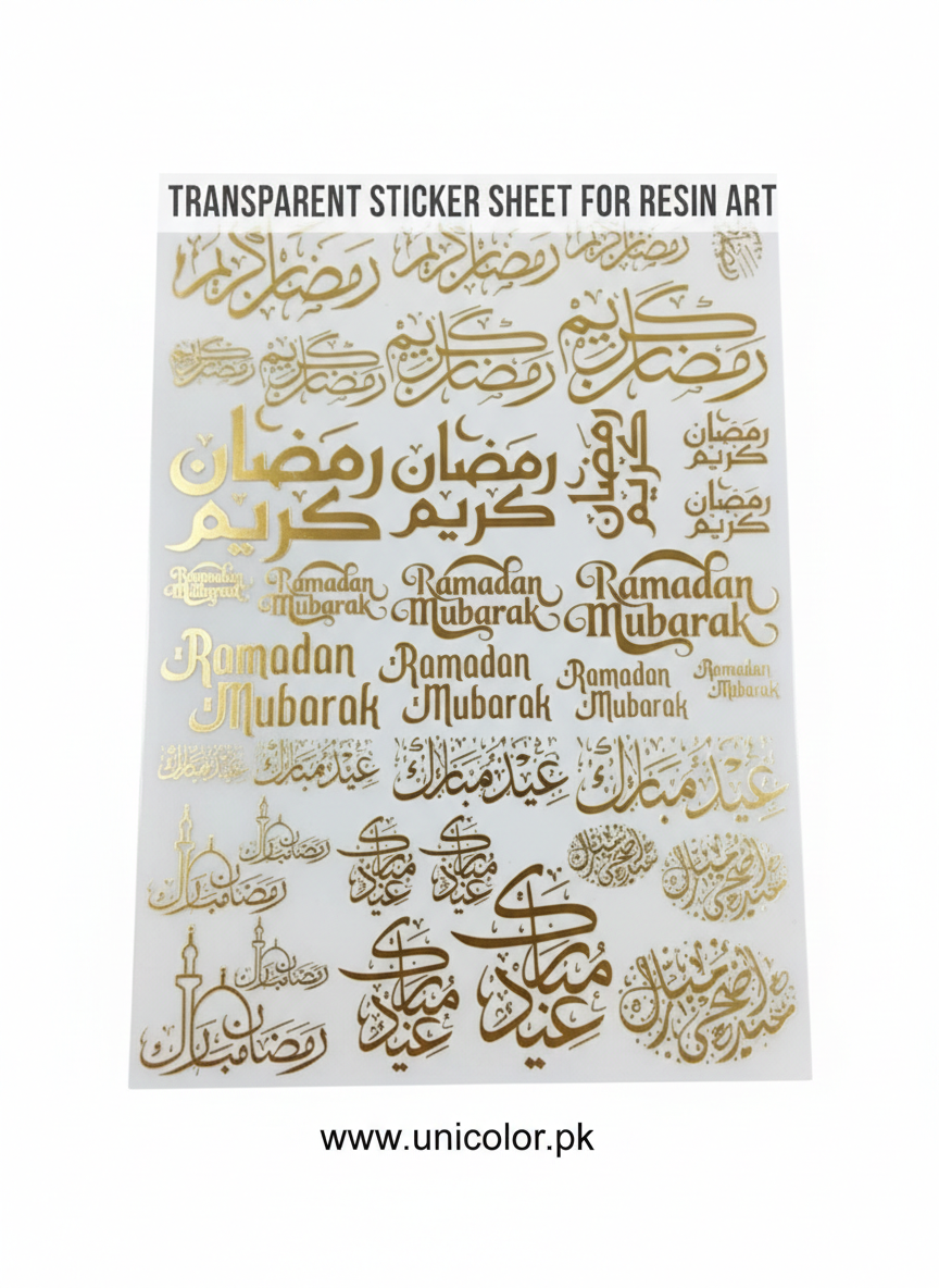 Transparent Golden Printed Sticker for Resin Art – 7.5” x 10” Sheet (RAMADAN MUBARAK)