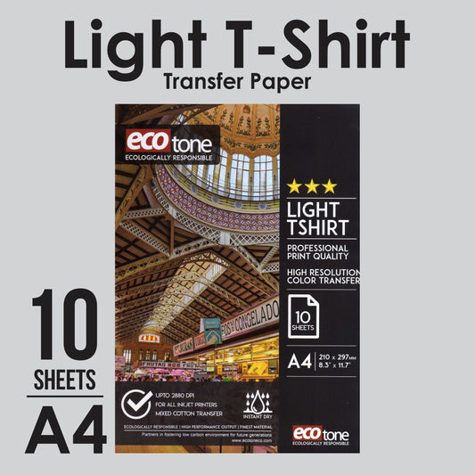 Light T Shirt Transfer Paper Ecotone for Fabrics, 10 Sheets, A4 Size All Inkjet Printer Epson, Canon, Hp, Brother