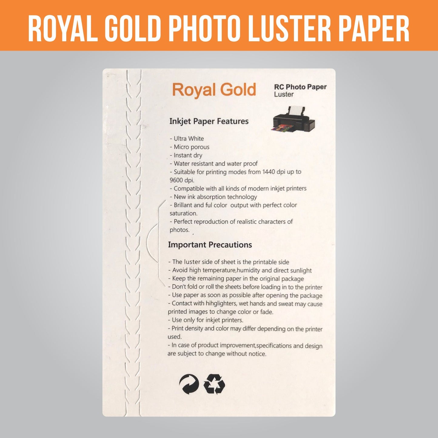Royal Gold Luster Photo Paper 260GSM – 4x6" & 5x7" (1 Pack = 100 Sheets)