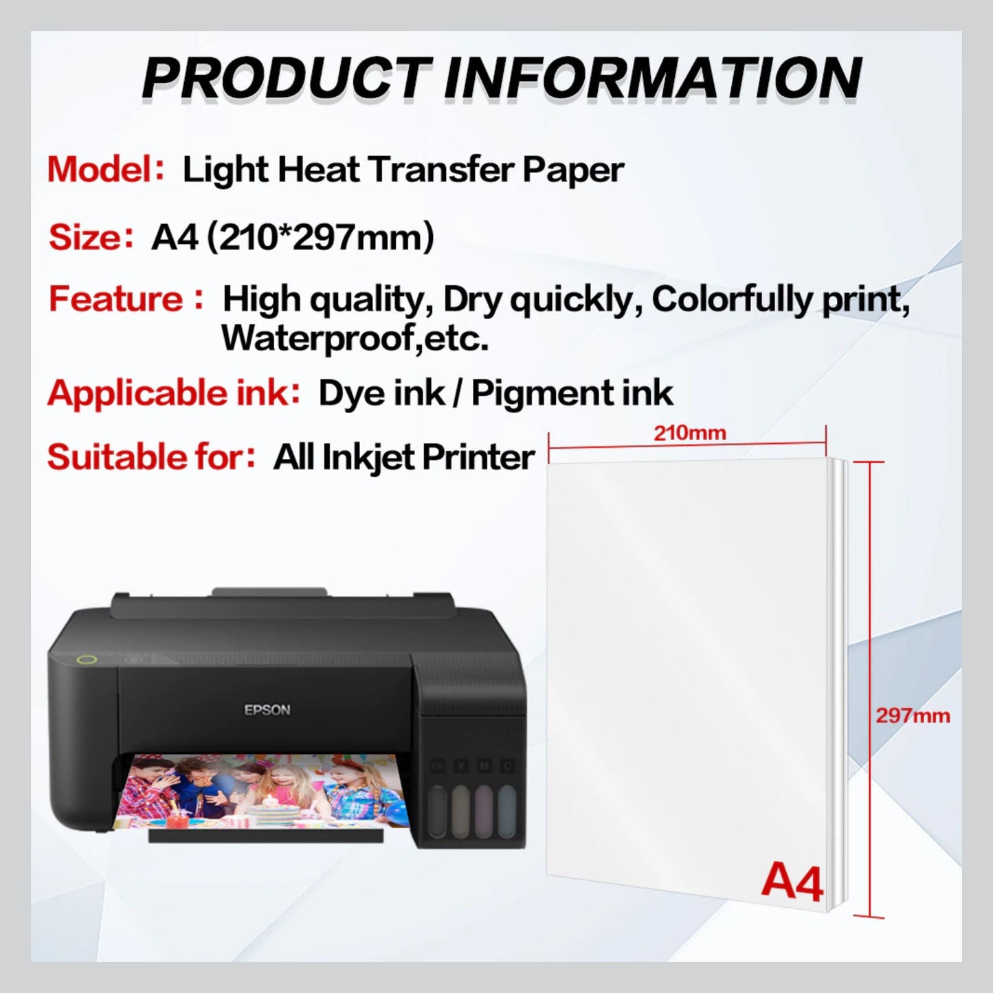 Light T Shirt Transfer Paper Ecotone for Fabrics, 10 Sheets, A4 Size All Inkjet Printer Epson, Canon, Hp, Brother