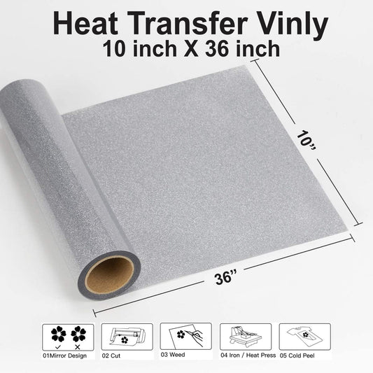 Silver Glitter Heat Transfer Vinyl Sheet – 10 x 36 Inches