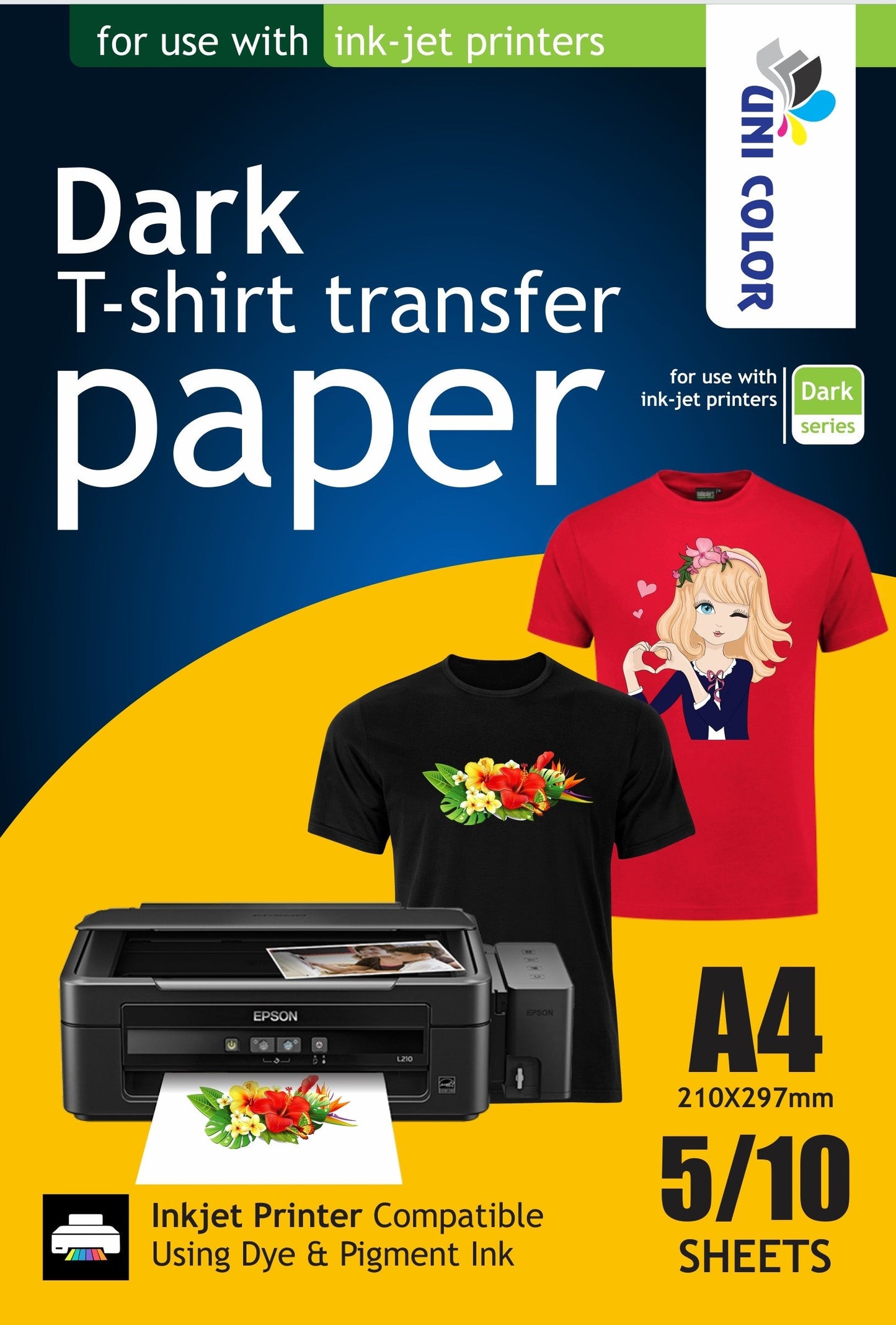 High-quality Dark T-Shirt Transfer Paper A4 (10 sheets) for printing on dark fabrics