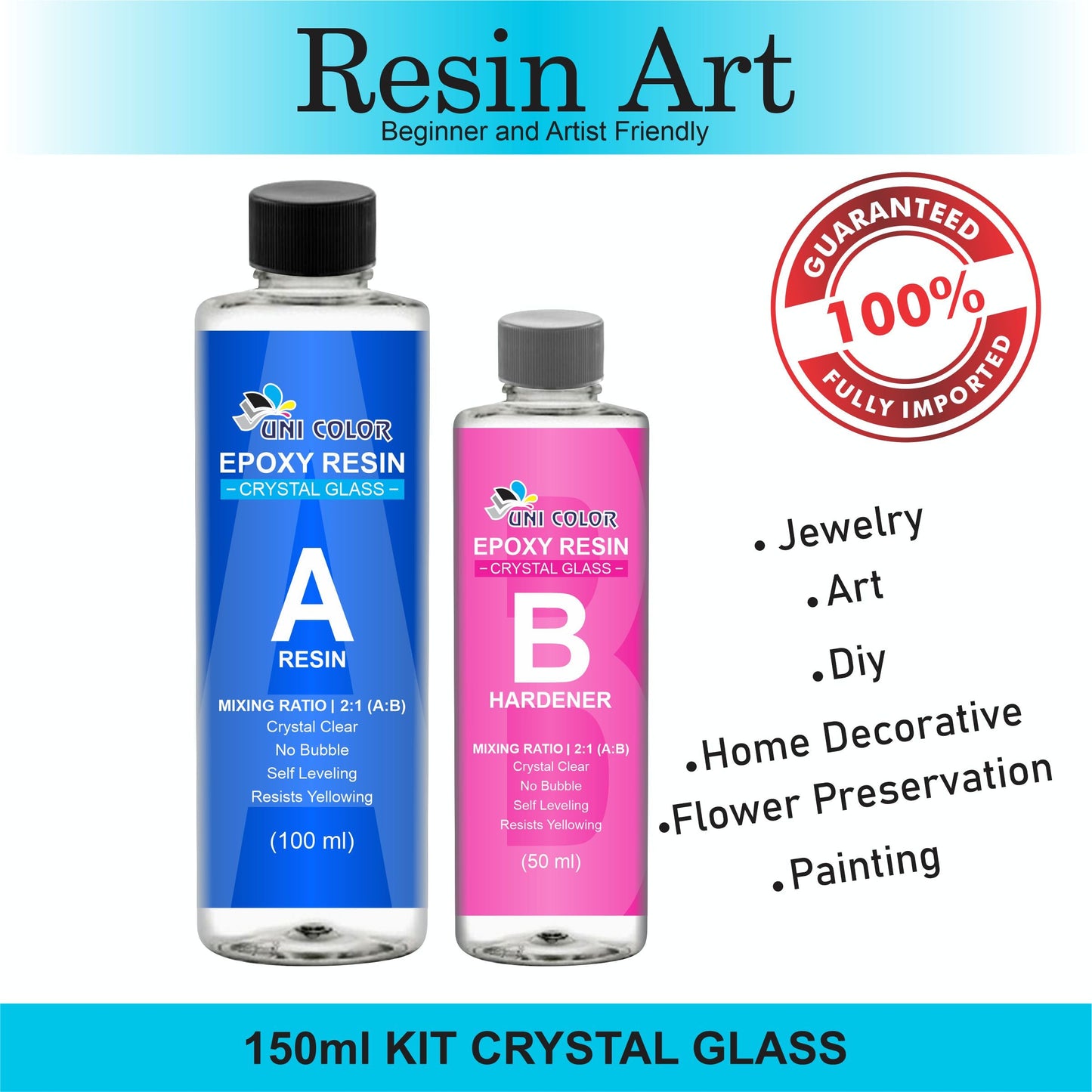 Crystal Clear Epoxy Resin & Hardener Set (1:0.5 Mix Ratio) – 100ml, 500ml & 1000ml