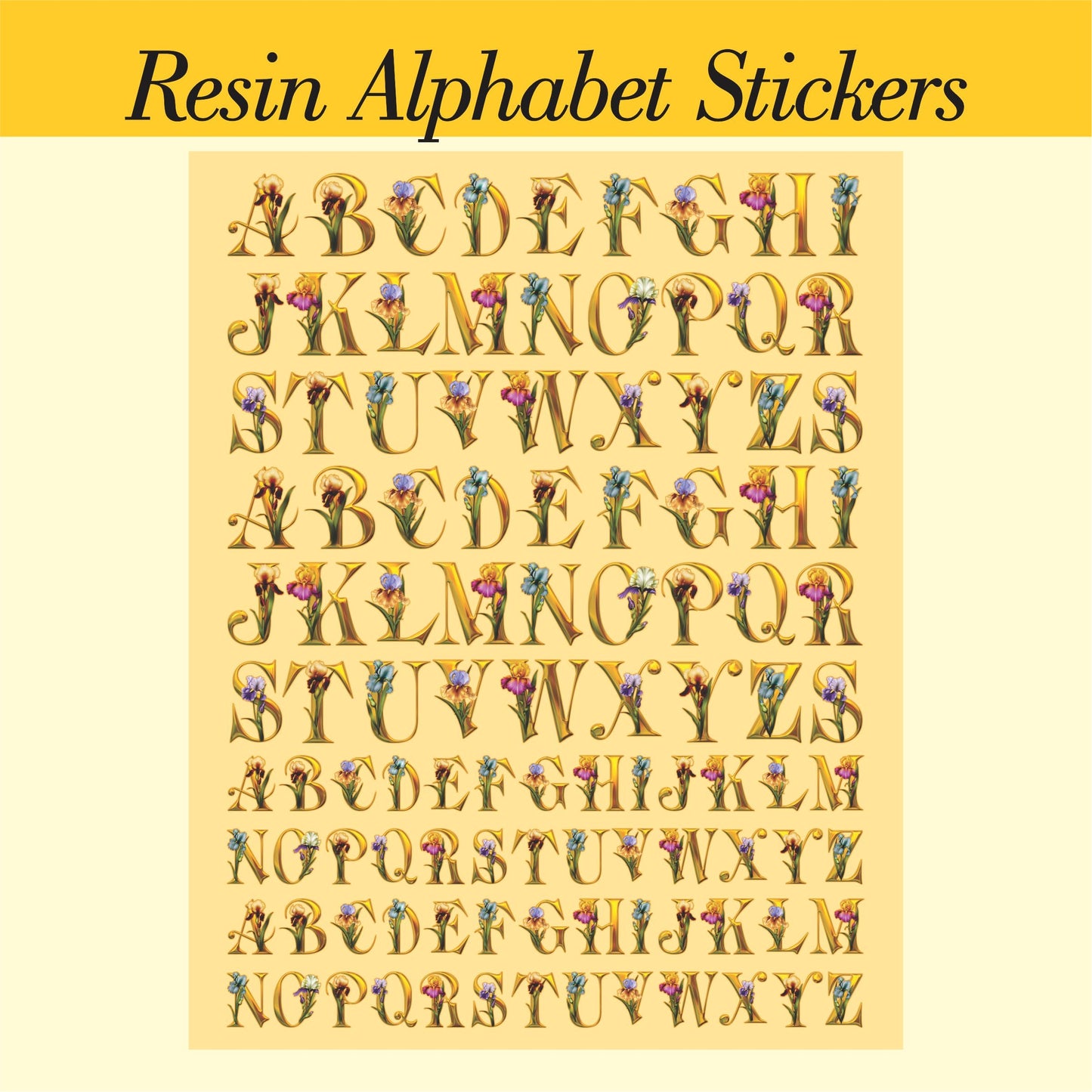 Transparent Golden Printed Sticker for Resin Art – 7.5” x 10” Sheet (BIG ALPHABET)