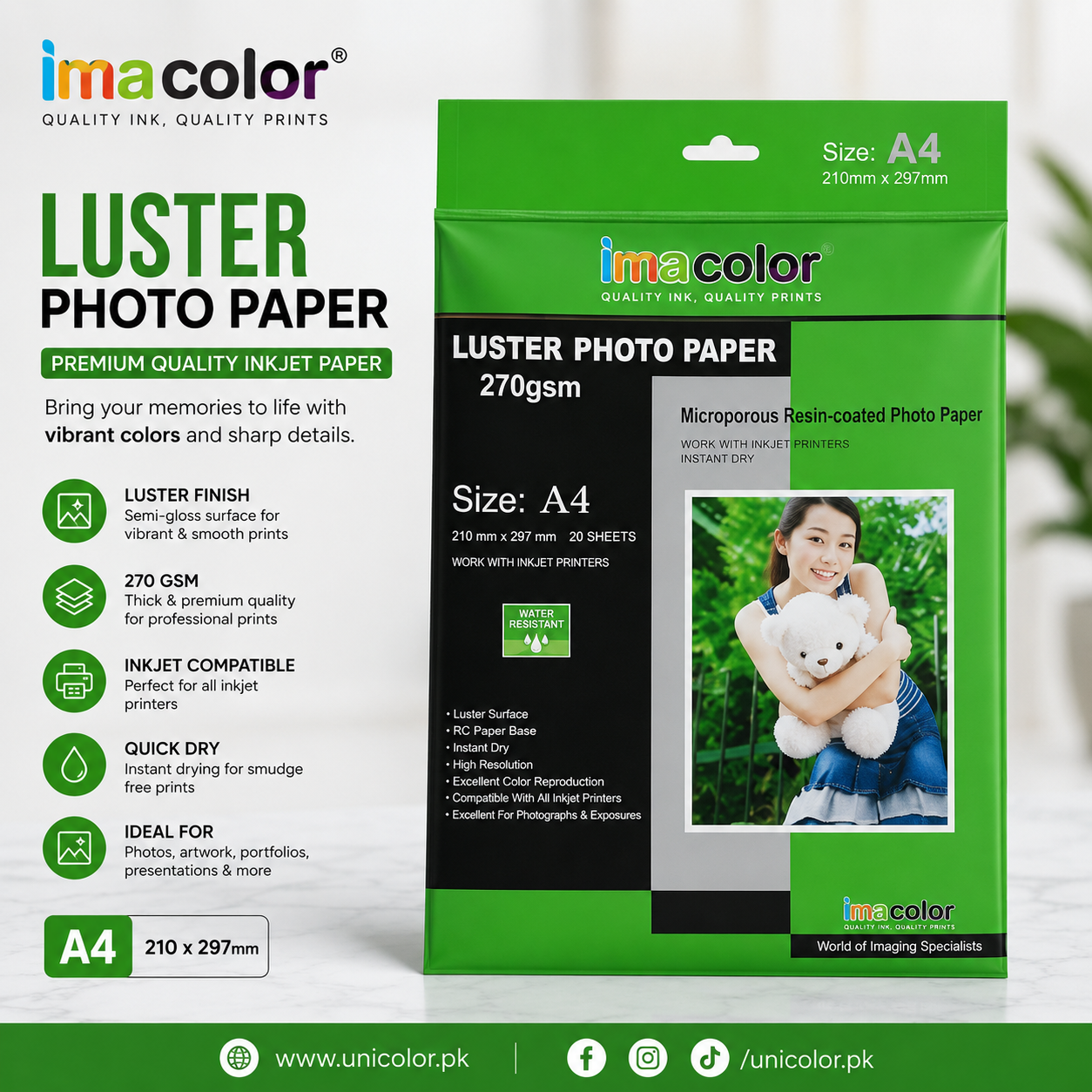 A4 IMA Luster Photo Paper 270GSM – (1 Pack = 20 Sheets)